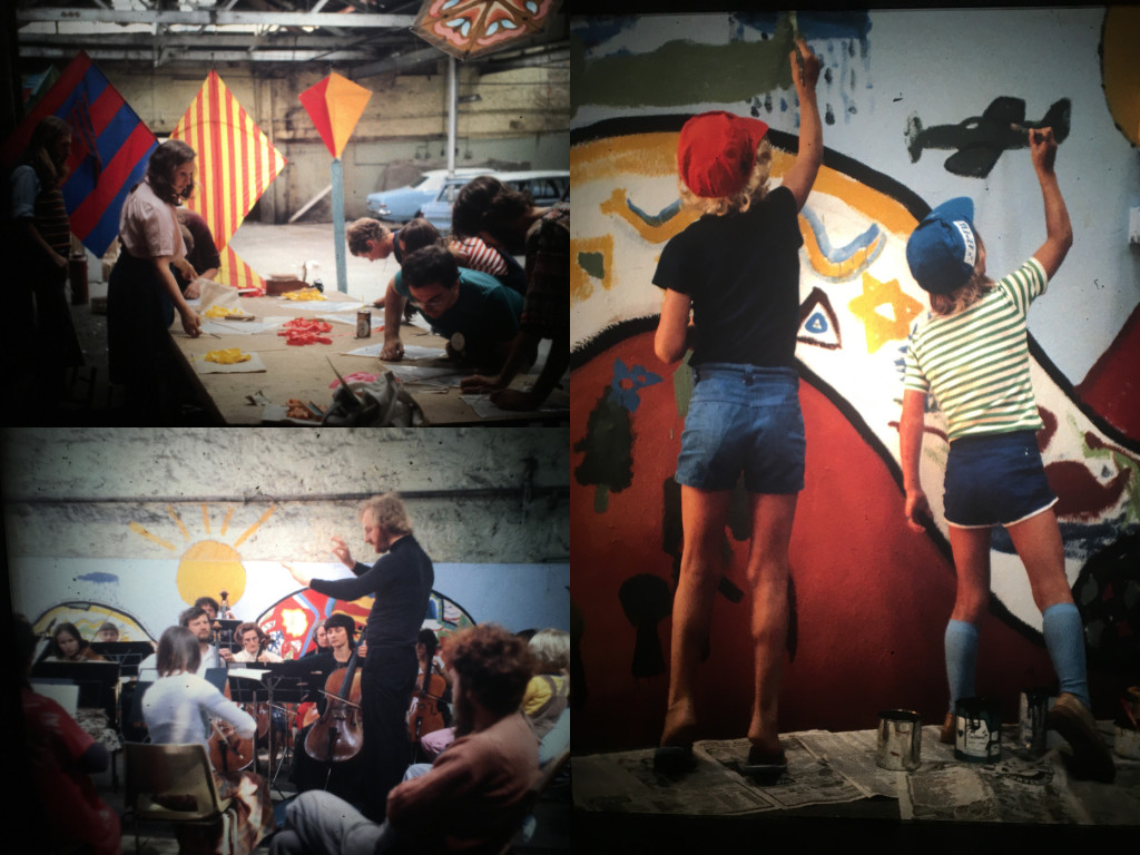 Collage of three old photos of activities from the early days of Salamanca Arts Centre