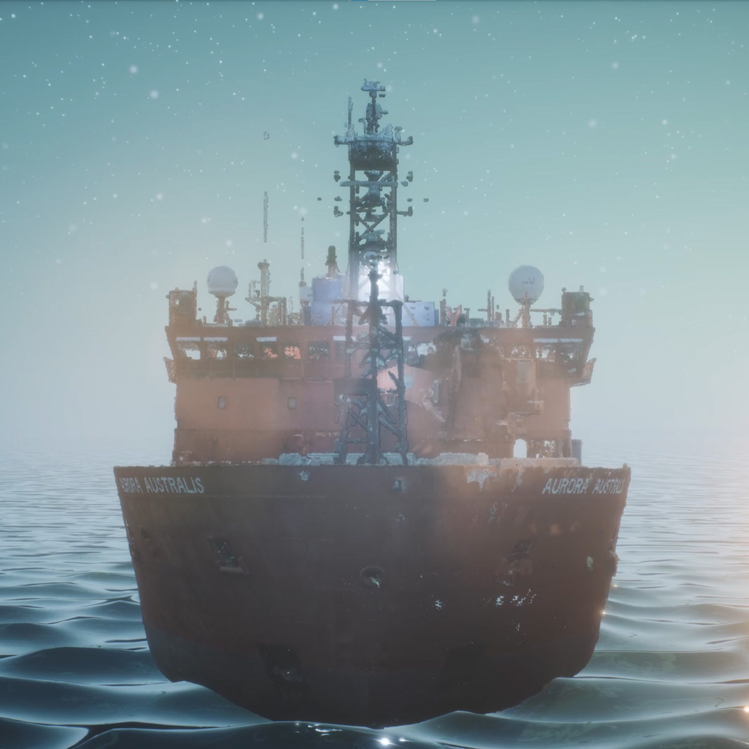 An image of an icebreaker moving through the Antarctic waters. The point of view is if you are looking the ship front on.