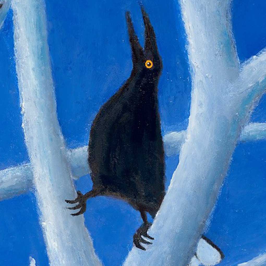 A cartoon carrawong, black bird, perched in the branches of a white tree against a blue background