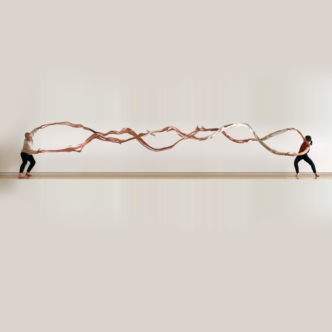 Two dancers, a woman and a man bend towards the camera with their arms outstretched towards each other. The image is distorted and their arms look like ribbons and are connected. They are placed on a beige background.