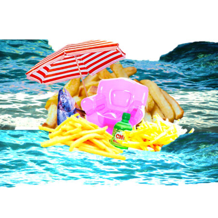 A collaged image in bright, over saturated colours. A group of objects including hot chipc, an inflatable, pink chair, a green bottom and a red and white striped umbrella float on a body of water.