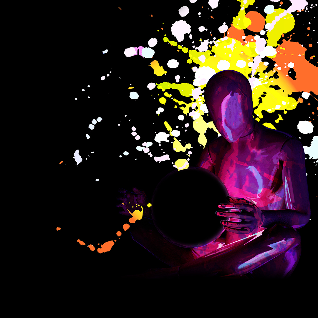 A colourful silhouette of a human illustrated in purples and reds. The sit atop a black background with paint splattered in orange, yellow and white. They look to be holding a black record in their hands and are kneeling down.