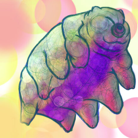 A drawing of a made up animal with eight legs and a head of a bear like creature. The background is pastel pink and yellow circles.