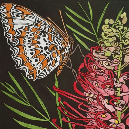 A hand-coloured print of an orange white butterfly perched on a red bootle brush flower.