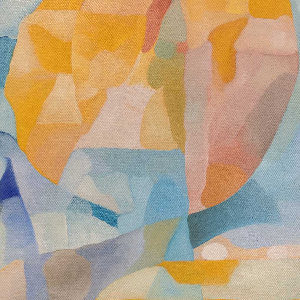An abstract painting consisting of coloured fragments in yellows and blues.