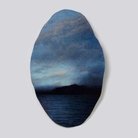 Dark blue oil painting of sea with small waves, sky with clouds and small silhouette of land