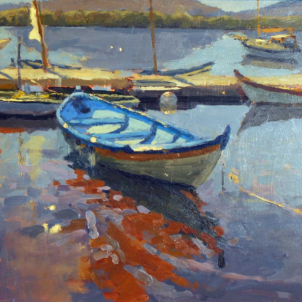 A textural painting of a blue, open boat tied to a dock on a river. In the background are several other boats and moorings.