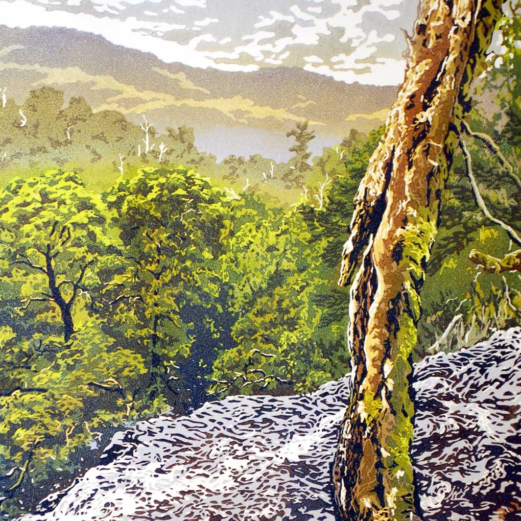 A landscape painting, looking down from hill on a hill. In the foreground is a twisted tree, covered in moss, in the midground is the canopy of trees. In the far distance in a mountain range.