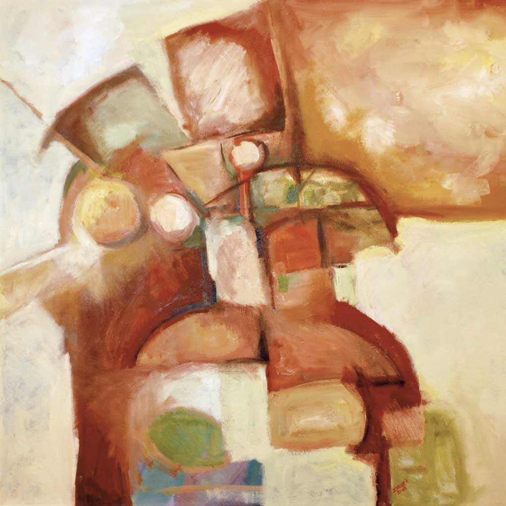 An abstract painting in tonal brown colours, with geometic forms stack on top of each other.