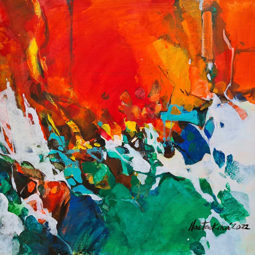 An abstract painting of primarily reds in the upper half and green and blues in the bottom half.