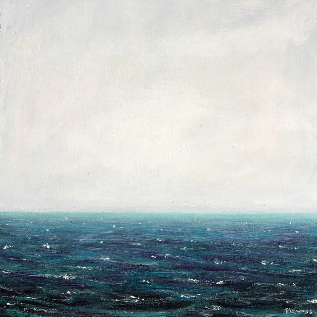 A painting of the ocean horizon, with the lower third of the picture depicting dark blue, green waves tipped with whitee. Whilst the upper two thirds is a pure white sky.