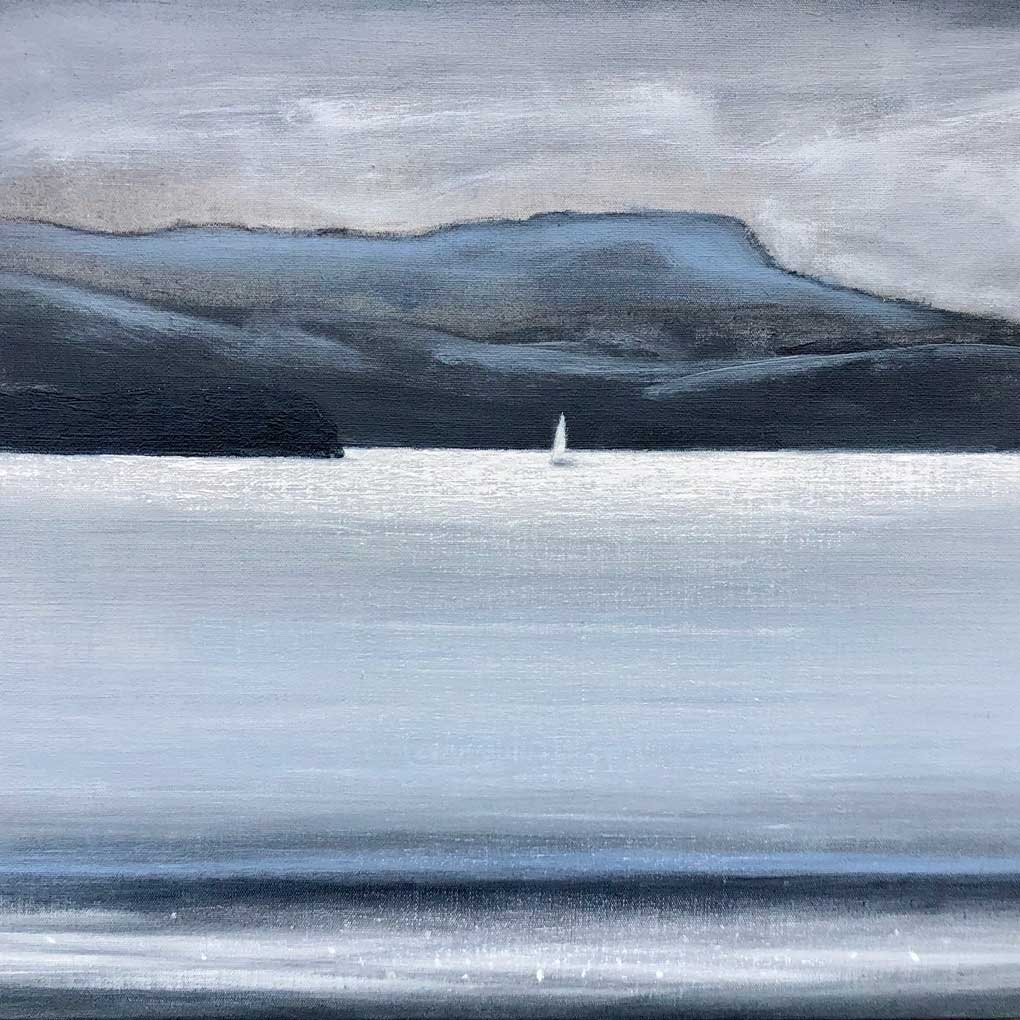 Painting of a small white sailing boat on a river. In the background loom mountains and a moody dark sky.