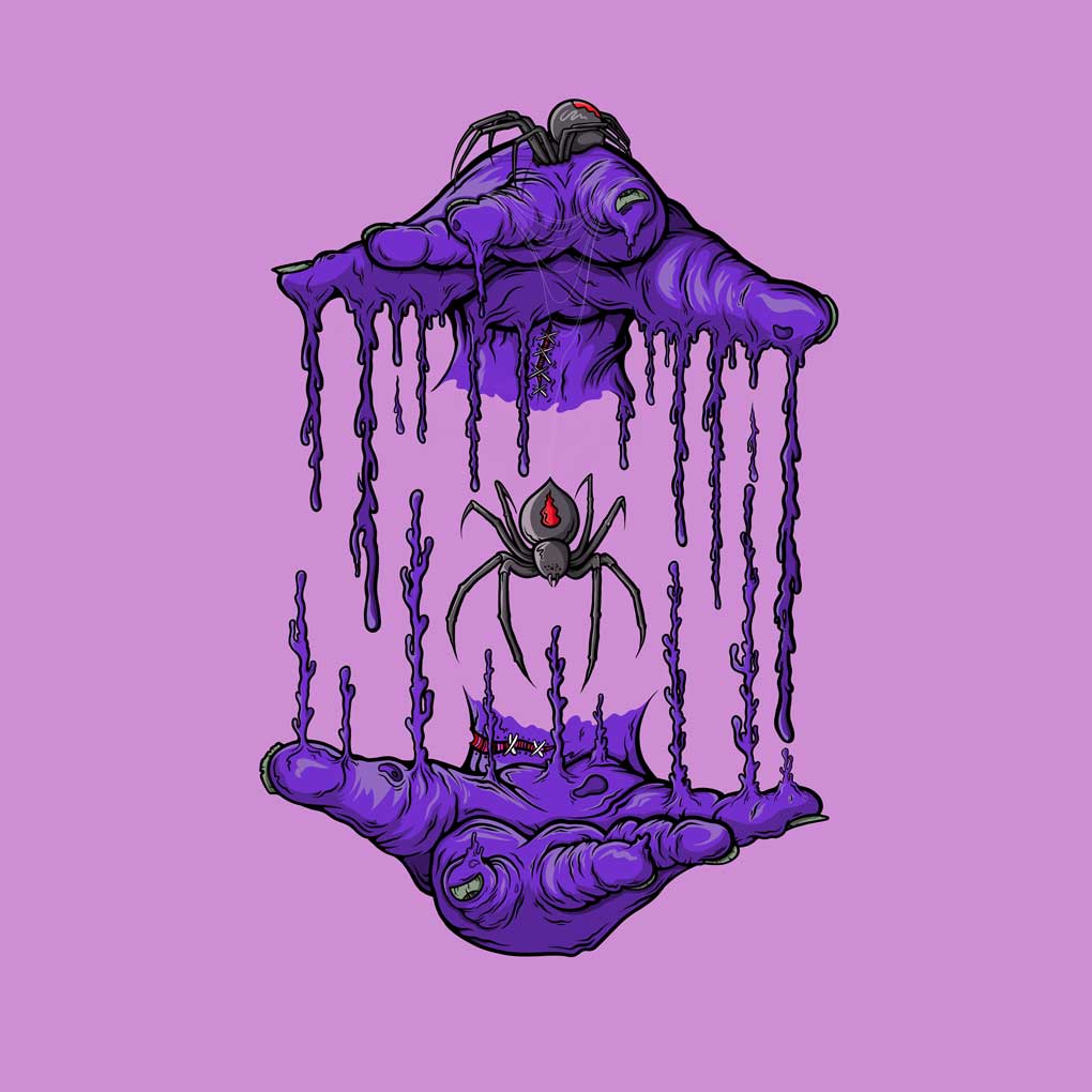 Two purple zombie hands float against a lavender background. The Palms of each hand are parallel, and there is purple dripping liquid running from the finger tips. A Redback spider is suspended between the hands, whilst another spider crawls on the top of a hand.