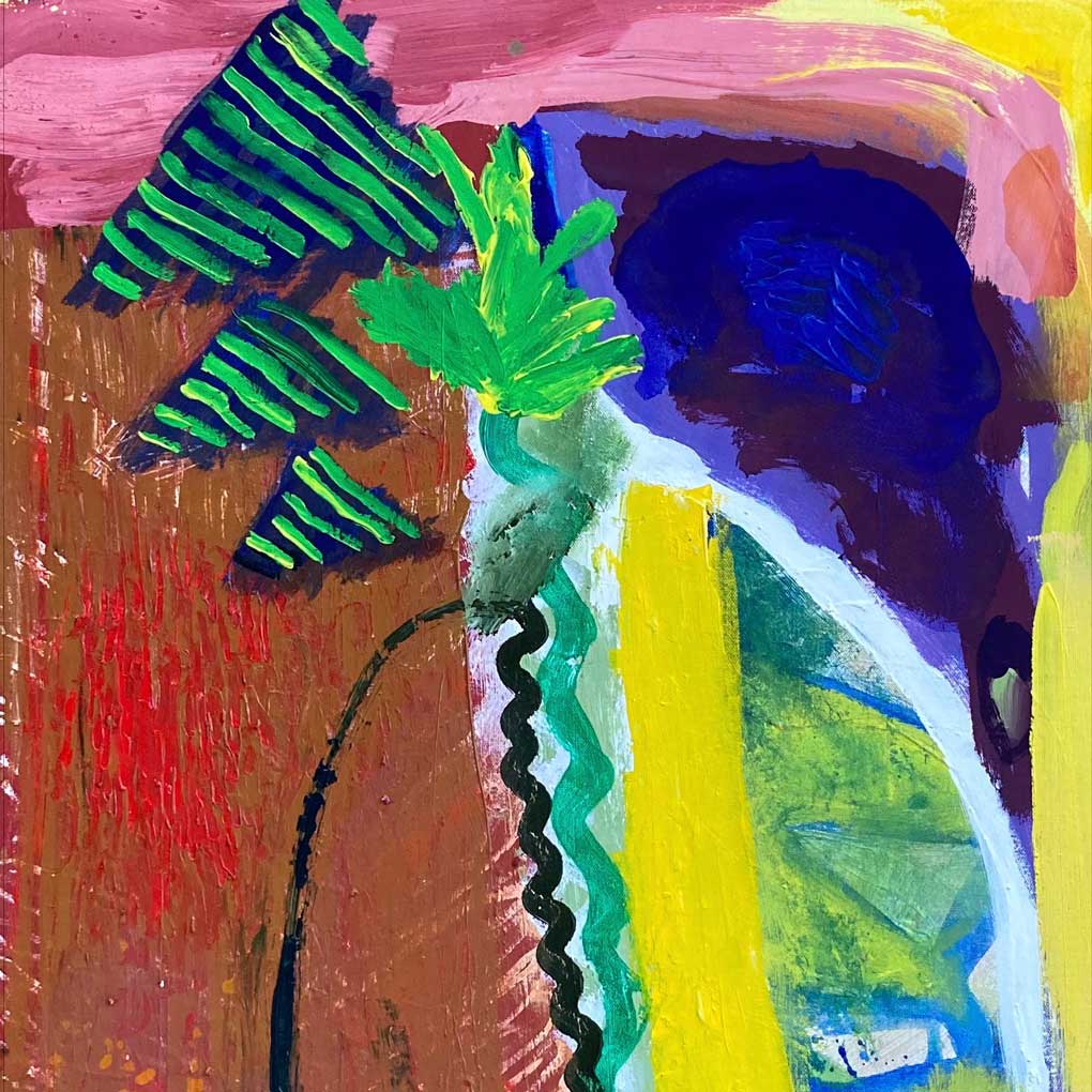 An abstract painting of a garden, full of bright colours. The left side of tge painting is primarily browns, whilst the right side is bright yellows, green and blues.