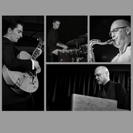 Four images of white males playing jazz instruments. They're images are in black and white and sit on a grey background.