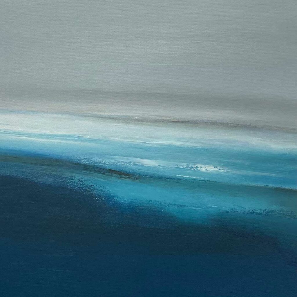 Expressive abstract painting, consisting of thickly applied impasto blues and greys. The painting represents the the frozen sea in Antarctica.