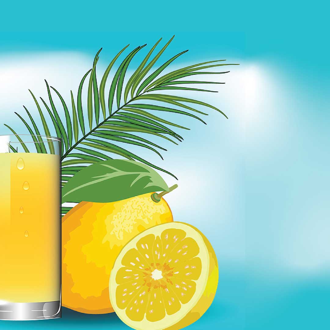 A tall glass of lemonade, with a whole lemon and and half lemon placed beside it. A Palm frond waves in the background. Against a bright, sky blue ground.