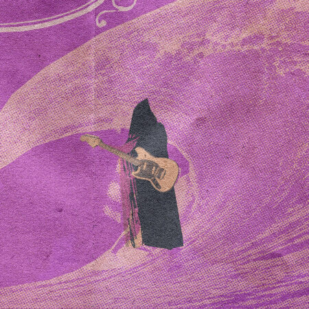 a pink swirly background with a figure wearing a black, hooded cloak holds a guitar. We can't see their face.
