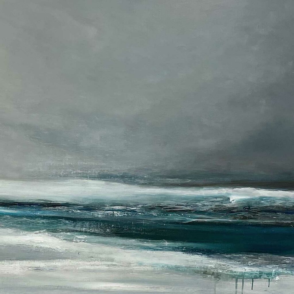 Expressive abstract painting, consisting of thickly applied impasto blues and greys. The painting represents the Southern Sea in Antarctica.