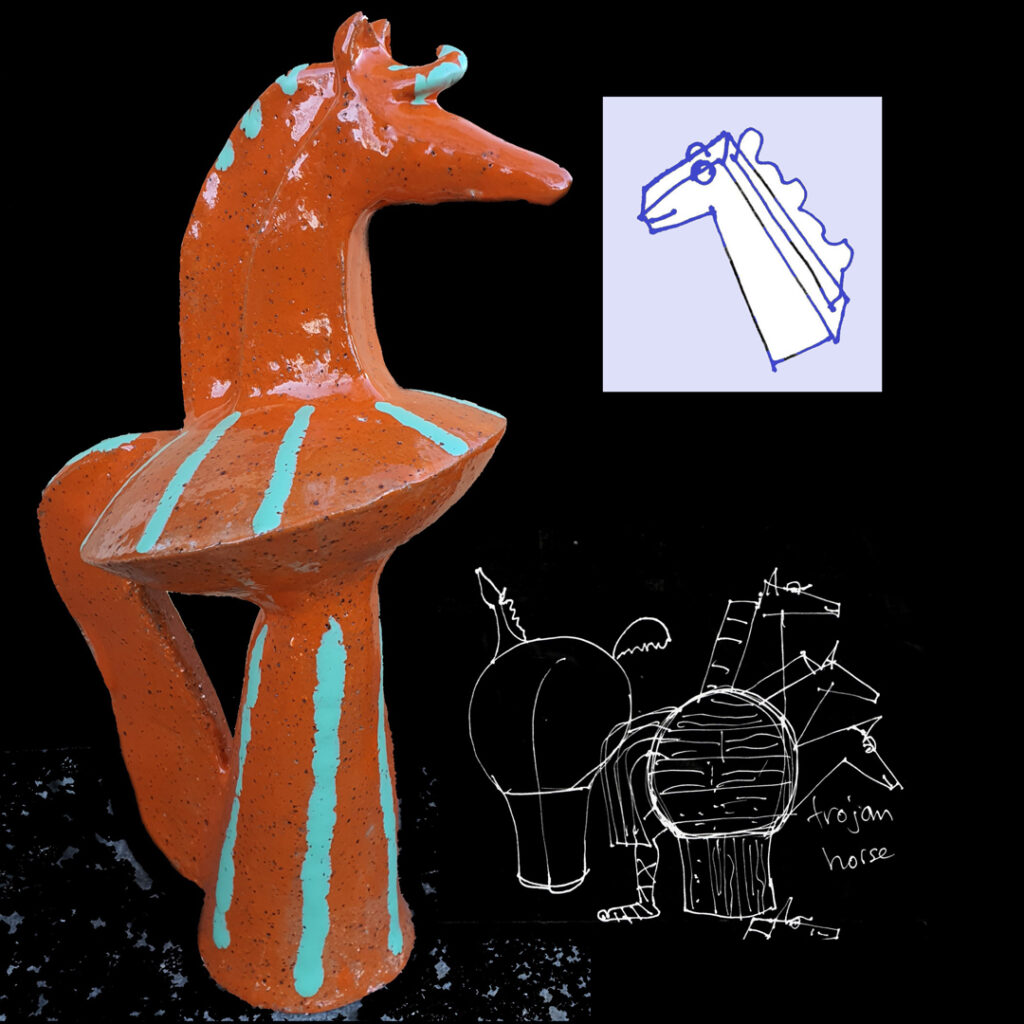 A abstract ceramic horse, glazed in organge with light blue stripes. Included next to the sculpture are design drawings of the construction of the horse.