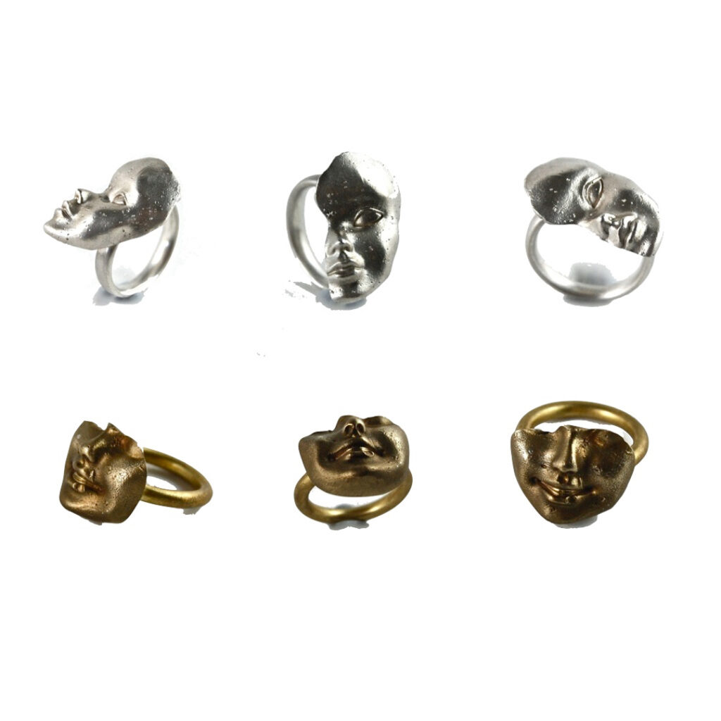 Jacqui Renton - faces rings in sterling silver and brass