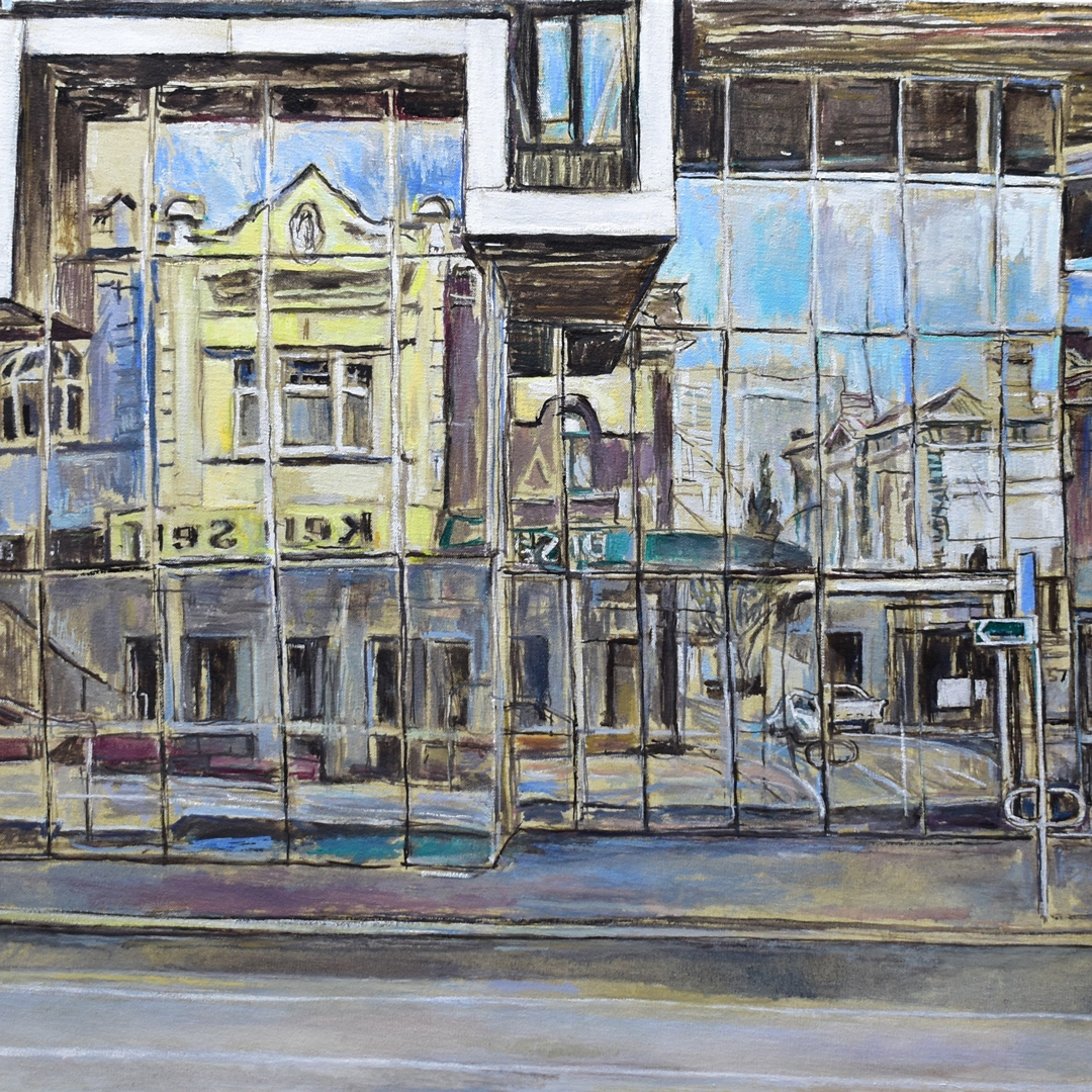 Peter Rudd. Plate Glass, Elizabeth Street (detail) (2022). Oil on canvas. 61cm x 83.5cm