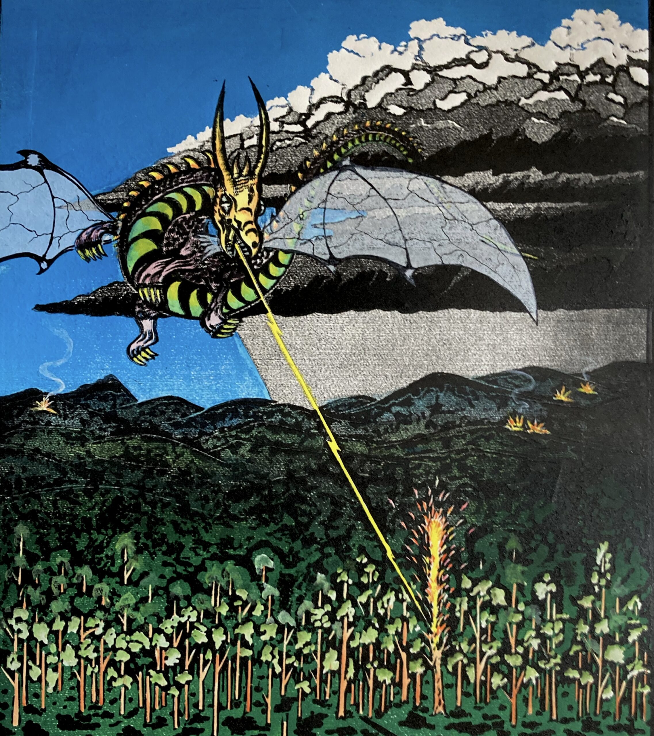 John Osborne / Fire Dragon Over the Hartz /2023 / Reduction Lino Cut / 45cm x 55cm