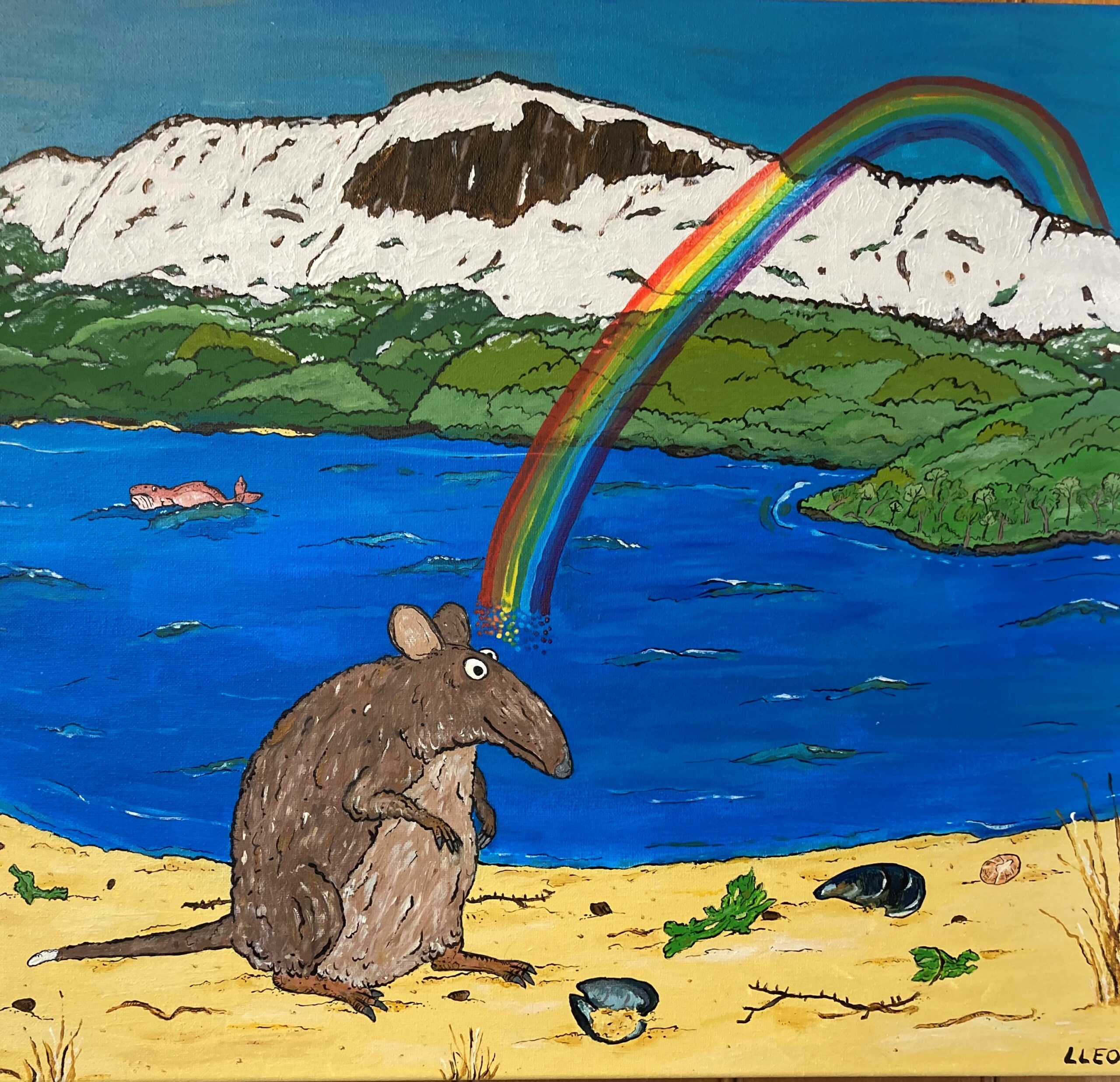 The Potoroo at the End of the Rainbow, Acrylic on canvas, 24 by 20 inches. 2023