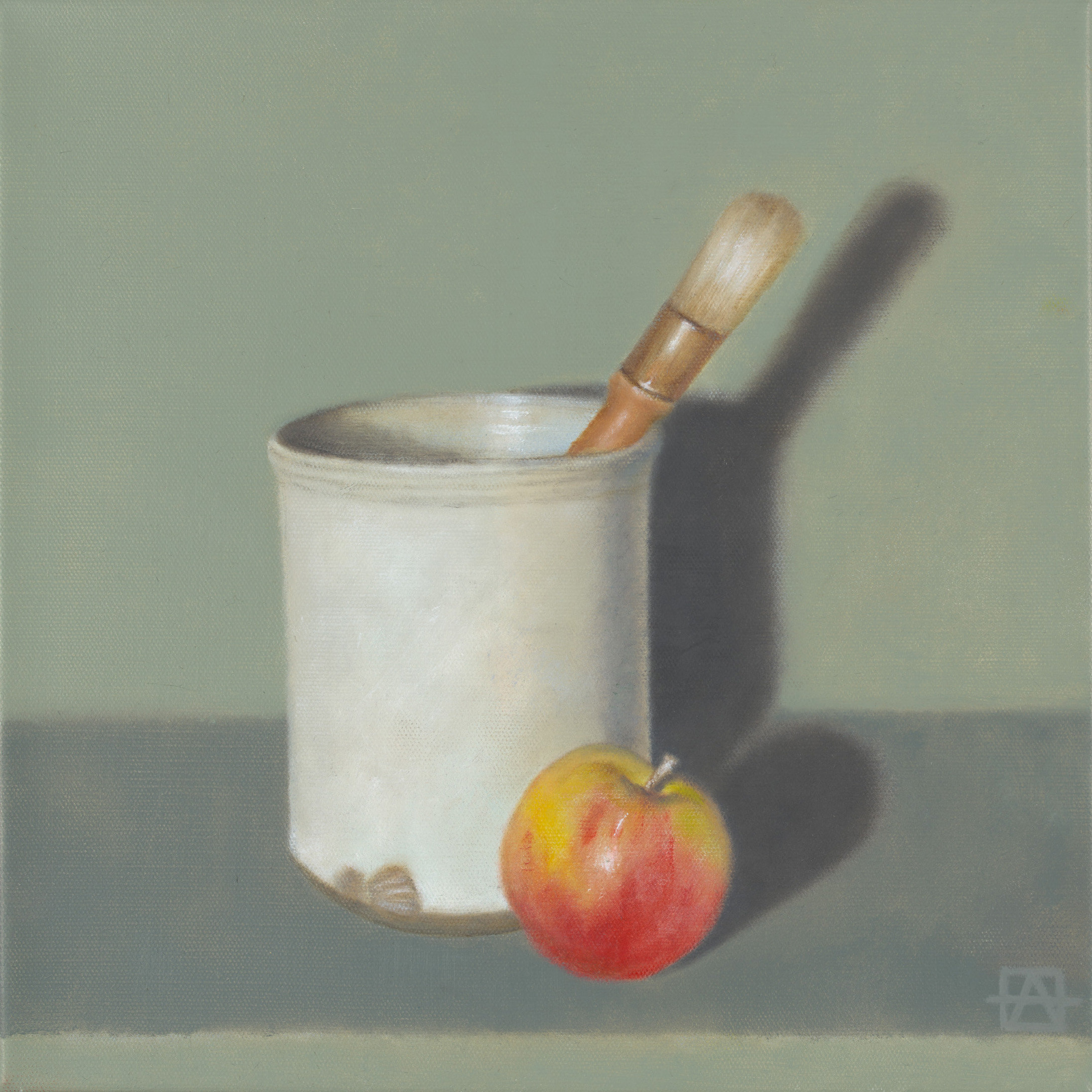 Andrea Jordan/ Pot with Brush and Apple/ 2023/ Oil on linen/ 35 x 35cm/ Full Gamut photography