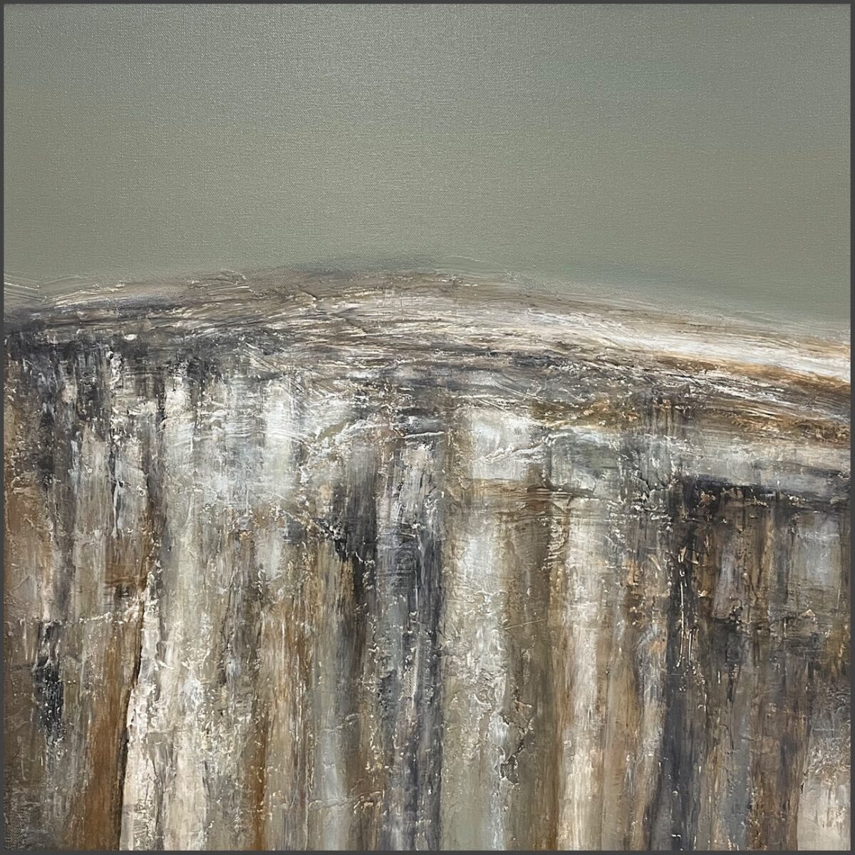 An abstract landscape painting in greys, browns and blue., depicting a rugged mountain range, by Hannah Blackmore.