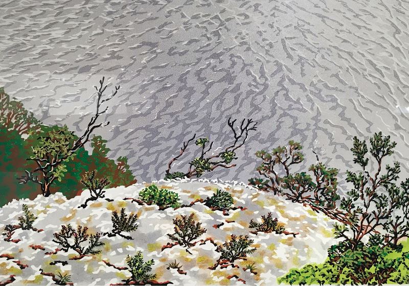 Sally James. Looking Down, Glacier Rock. Reduction lino print. 