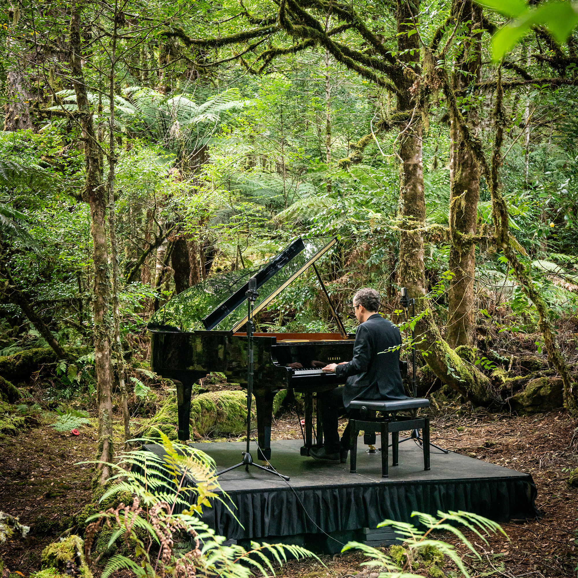 Photo by Susan Wright. Takayna Forest featuring artist Dave McEvoy and a grand piano.
