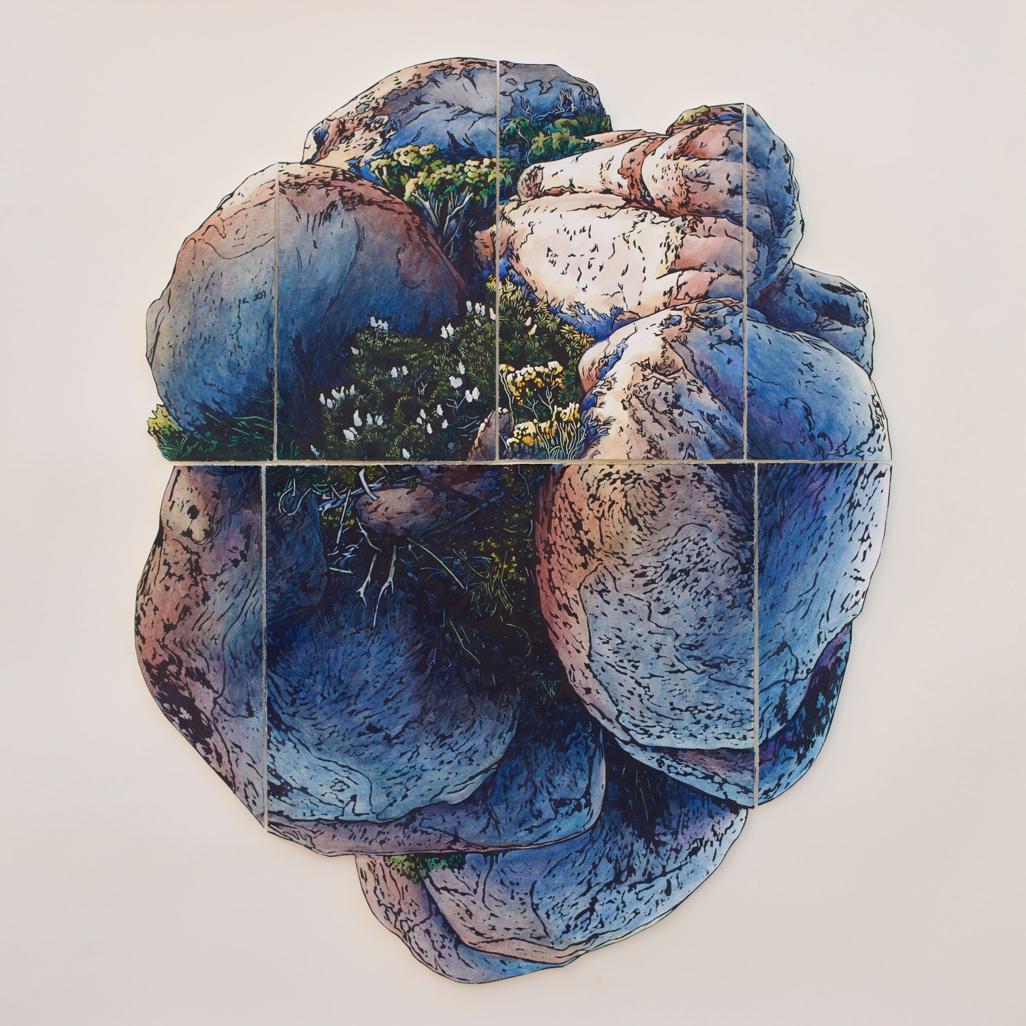 Grace Gladdish. Small World 14 (2025). Collage Linocut and Watercolour. 75cm x 65cm