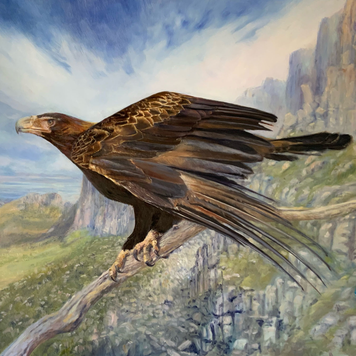 Mel Hills Wild Art. Launch stations at Big gun pass (2024) (detail). Oil on board. 1000 x 1300mm