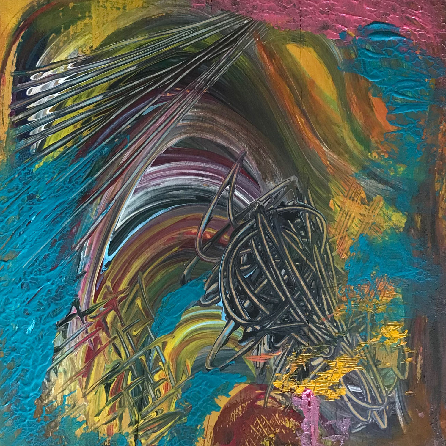 Andrea Breen. rainbow (detail) (2009/2025). Acrylics on found wooden tile. 25cm x 25cm