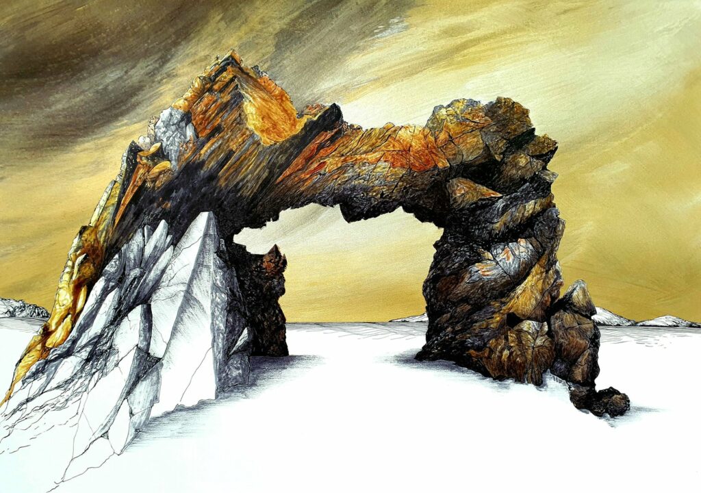 Ink illustration of natural stone archway on a beach