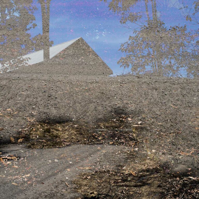 A house and trees stylistically overlaid with a dirt-like texture