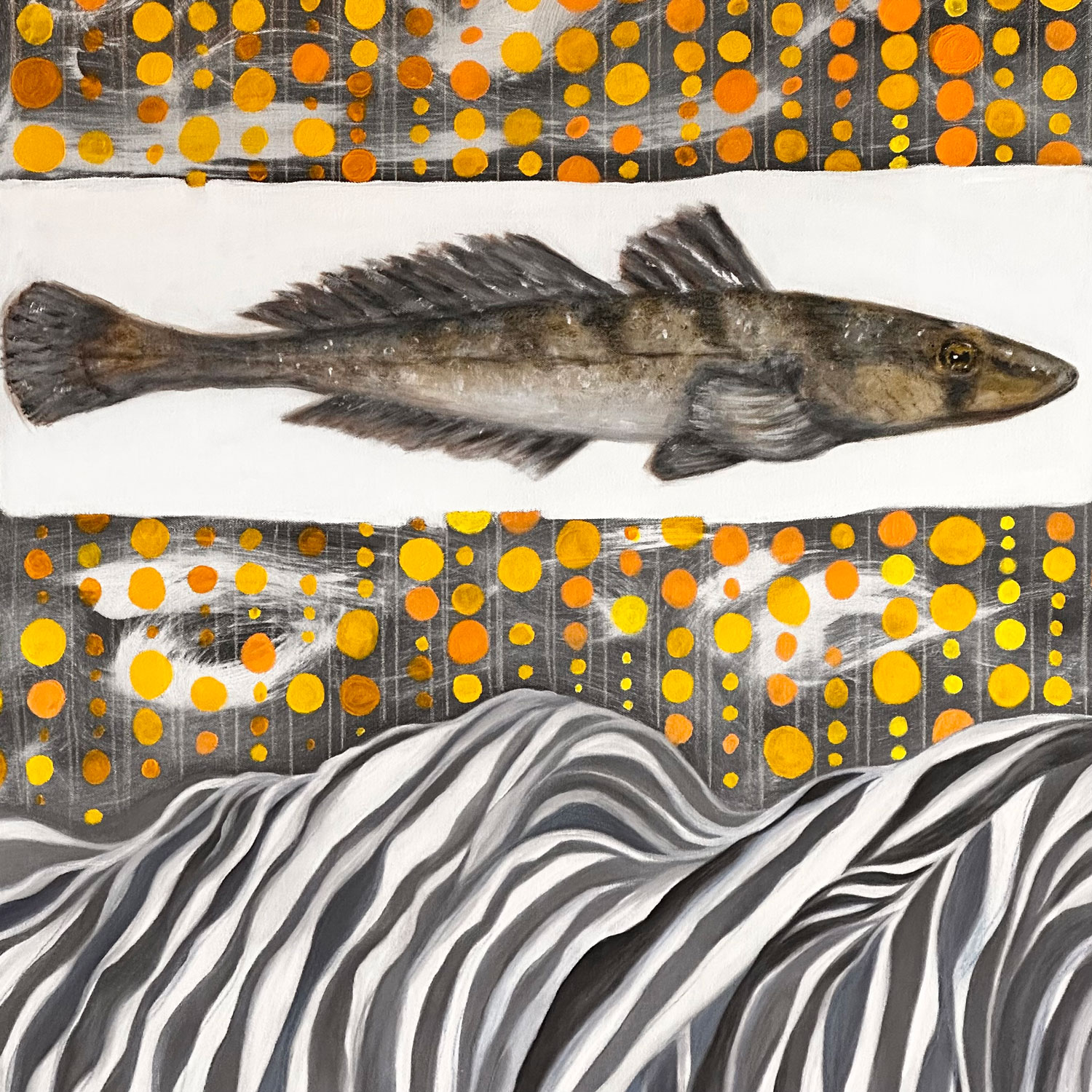 Harriet Links.Spotted Flathead (detail) (2025). Acrylic and Graphite on Framed Canvas. 73cm x 93cm