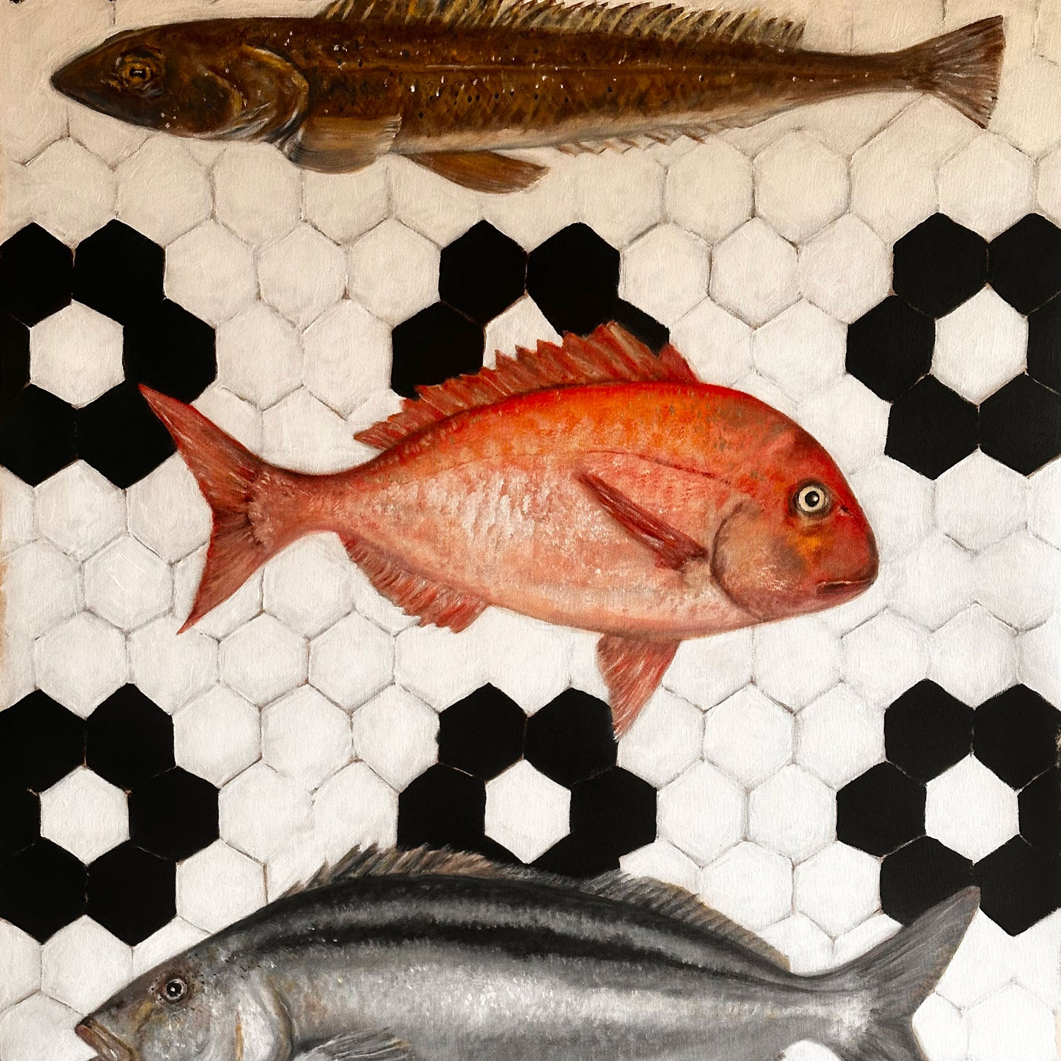 Harriet Links. When the Fish Were Plenty (detail) (2025). Acrylic and Graphite on Framed Canvas. 73cm x 93cm