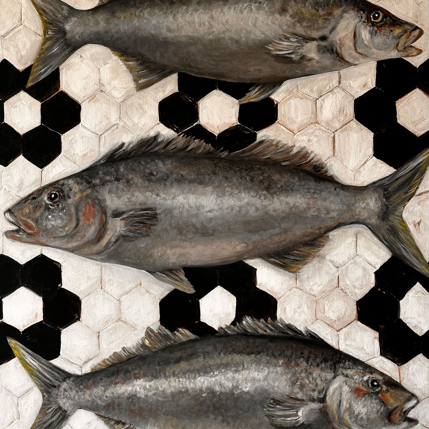 Harriet Links. Three Times the Catch (detail) (2025). Acrylic and Graphite on Framed Canvas. 73cm x 93cm