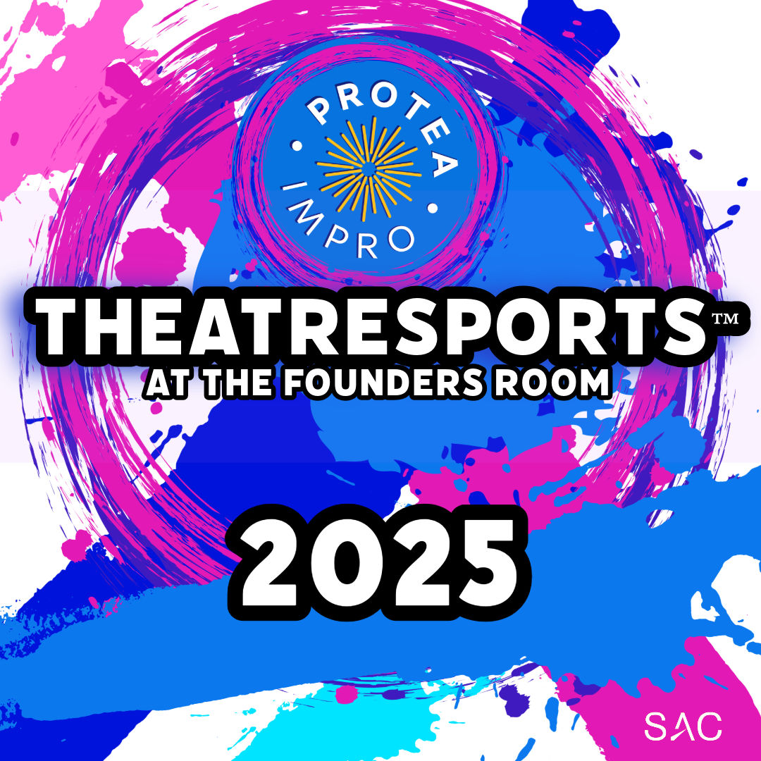 purple and blue swirl graphic with Theatresports 2025